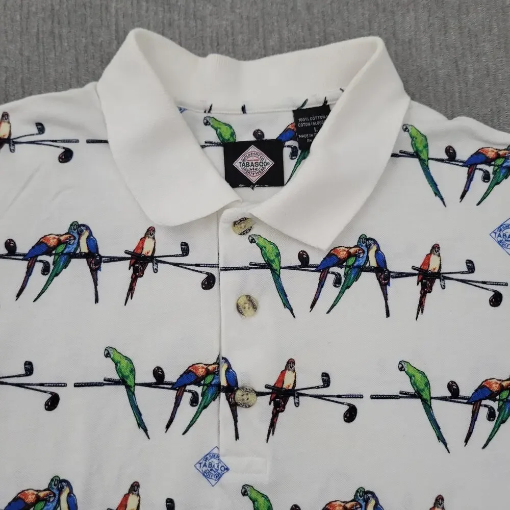 Vintage 90s Genuine Tabasco Hot Sauce Sportwear Polo Shirt Mens L Parrots Golf - Picture 6 of 11